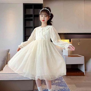 女童裙子春季装娃娃，领米白色盘扣，改良版旗袍连衣裙长款女童纱裙