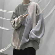 圆领毛衣男款冬季美式潮牌线衣外套设计感小众拼接撞色针织衫