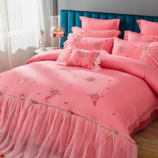 长绒棉婚庆四件套粉色全棉，刺绣结婚床上用品，喜被纯棉绣花床上用品