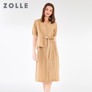 zolle因为夏季时尚不规则绑带，中袖连衣裙中长款v领显瘦女裙子