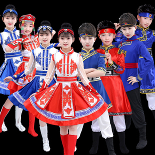 儿童演出服少儿少数民族舞台服蒙古族藏族赫哲族男童表演服饰