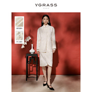 vgrass优雅精致白色，新中式暗纹提花立领流苏，盘扣短外套冬款