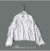 欧美白色纯棉复古浪漫立领多层荷叶，边单排扣长袖直筒纯色通勤衬衫