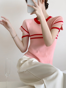 2024夏季女装韩系甜美设计感条纹拼接修身圆领针织衫百搭t桖上衣