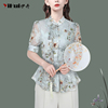 中式雪纺衫女短袖改良上衣中国风，立领盘扣碎花，衬衫2024夏季轻国风