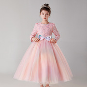 圣诞节女童礼服裙长长袖公主裙网纱蓬蓬甜美长裙粉红色连衣裙M113