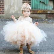 夏季女童一周岁礼服香槟色蕾丝婚礼花童裙公主裙洋气高级演出服装