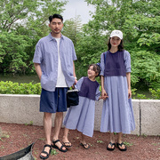 亲子装一家三四口夏季纯棉，竖条衬衫洋气韩版家庭装母女连衣裙