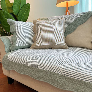 简约现代条纹全棉布艺防滑沙发垫子组合坐垫，纯棉四季通用靠垫