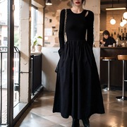 赫本风黑色镂空针织长袖连衣裙女春秋小众时尚气质显瘦长裙