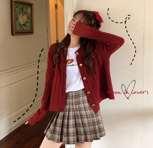 红色桃心小款针织开衫2021年秋季韩版宽松毛衣短款显瘦外套女