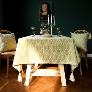 北欧条纹藏青波浪提花桌布三色流苏台布美式乡村木质餐桌茶几盖布