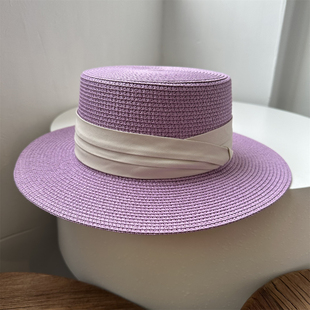 高雅复古紫色草帽子夏天女平顶，遮阳帽女咖色防晒太阳帽情侣平檐帽