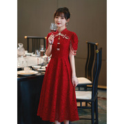 旗袍敬酒服新娘春季小个子酒红色订婚礼服裙中式回门改良蕾丝流苏