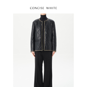 CONCISE-WHITE简白 保暖小香风棉服PU直筒棉衣短外套秋冬设计师女