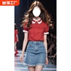 法式红色泡泡短袖衬衫女夏季时尚气质高级感小众短款衬衣穿搭