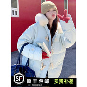 蓝色奶fufu羽绒棉服女2023冬季大毛领面包服学院小众设计棉衣