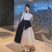 高腰条纹连衣裙女秋2023法式中长款设计感小众气质显瘦衬衫裙