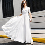 2022夏季收腰大裙摆气质白色西装领长款显瘦连衣裙超仙长裙子