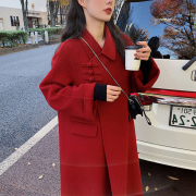 反季高端红色双面羊绒大衣，中长款2023赫本风宽松毛呢外套女
