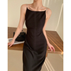 JWUNIQUE黑色无袖吊带连衣裙女夏季2023露背设计感中长款打底裙子