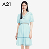 A21女装夏季气质V领连衣裙女蕾丝拼接纯色短袖收腰连衣裙