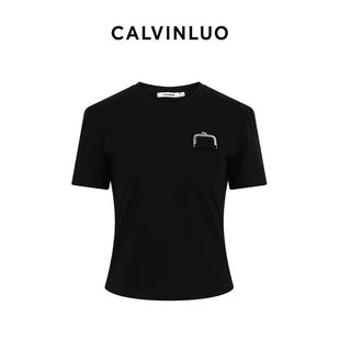 calvinluo口袋金属装饰圆领，正肩短袖t恤24白色黑色