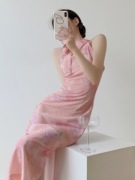 Srose兰芷 少女风改良式挂脖粉色旗袍新中式国风气质连衣裙夏