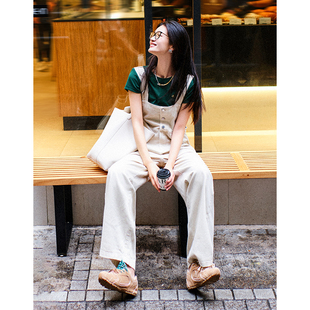 美洋meiyang茶米背带裤色织，牛仔棉日系，文艺复古工装连体长裤