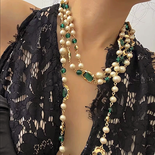 时髦法式叠戴复古祖母绿多层珍珠宝石项链小众设计感轻奢毛衣链女