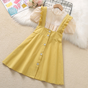 女童背带裙套装夏季儿童连衣裙黄色公主裙夏装短袖衬衫两件套裙子