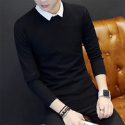 秋季男士长袖t恤韩版修身衬衫领针织打底衫青年假两件毛衣男小衫