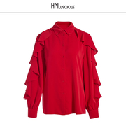 HMLuscious/贺美蓝成红色衬衫女节庆洋气设计感女士西装领小上衣