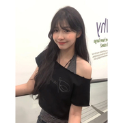 美式辣妹斜肩短袖t恤女夏季新款挂脖吊带背心慵懒风修身显瘦上衣