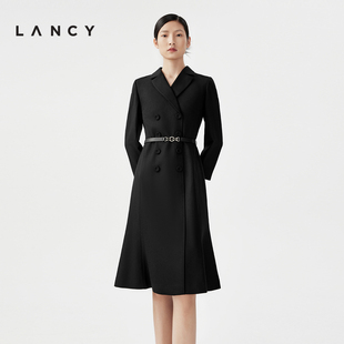 lancy朗姿春季黑色长袖，羊毛裙子中长款职业，气质西装连衣裙女