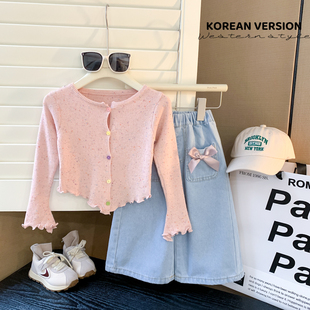 韩国童装2024春季女童洋气，针织开衫蝴蝶结九分牛仔裤，二件套装