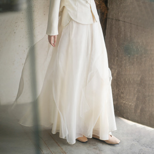 初蝉飘逸仙女网纱裙春装，白色高腰新中式，国风复古长款半身裙