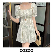 COZZO  2023夏季法式松紧腰连衣裙女高腰显瘦小个子气质短裙