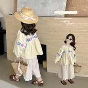 女童娃娃衫套装春装，24韩版洋气儿童泡泡袖，上衣女宝春季两件套