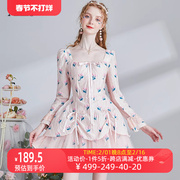 艾丽丝2024年春季甜美公主风花苞裙短裙缎带蝴蝶结刺绣连衣裙
