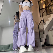 美式hiphop裤子男款，夏季速干浅紫色工装裤，oversize抽绳束脚伞兵裤