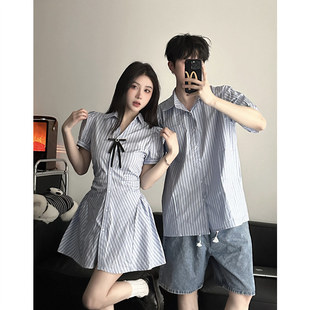 小众设计感情侣装夏季韩版短袖，衬衫男女连衣裙法式一裙一衣ins潮