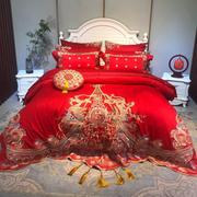 龙凤绣花喜被套贡缎婚房提花结婚床上用婚庆四件套大红色床单全棉