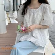 白色镂空衬衫女设计感小众夏装短袖，2023泡泡袖娃娃衫上衣韩版