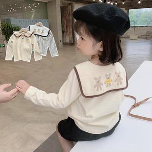 女童娃娃领上衣春秋装韩版儿童，卡通长袖t恤女宝宝条纹打底衫