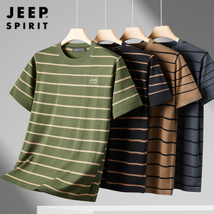 jeep吉普短袖t恤男士，夏季圆领宽松条纹，体恤2024休闲运动上衣