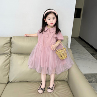 洋气夏装2-8岁女童连衣裙，网纱裙宝宝公主裙，纯色夏季短袖裙子