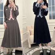 两件套女春季韩版拼接假两件外套上衣，高腰百褶半身裙套装