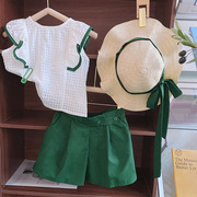 女童休闲韩版套装2024夏装女宝宝，绿色荷叶边上衣短裤两件套送帽子