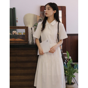 安小落法式风琴褶连衣裙，女短袖夏季小个子，白色系带衬衫裙子质感
